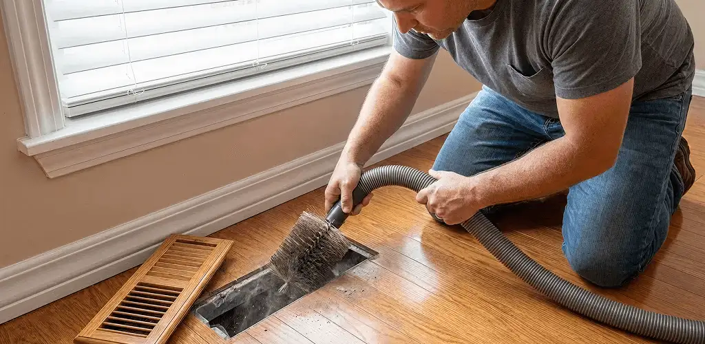 Air duct cleaning technician vacuuming a floor vent and duct opening in Boulder, CO