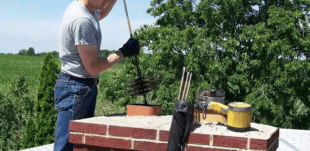 Chimney cleaning technician working on a rooftop chimney with professional tools in Boulder, CO