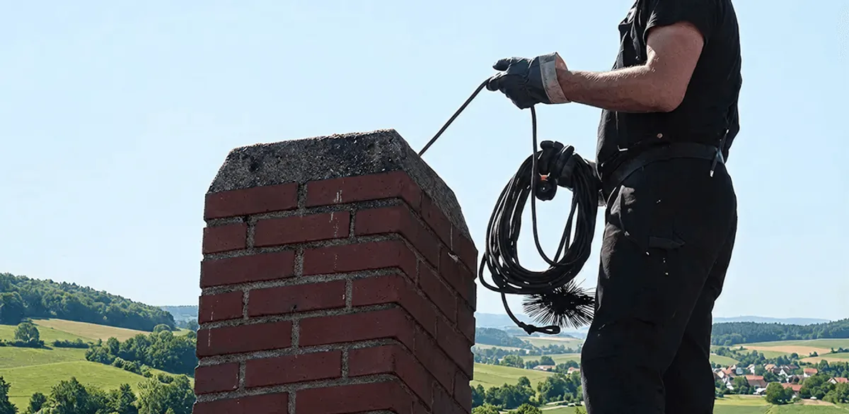 Chimney sweep inspecting and cleaning a rooftop chimney in Boulder, CO