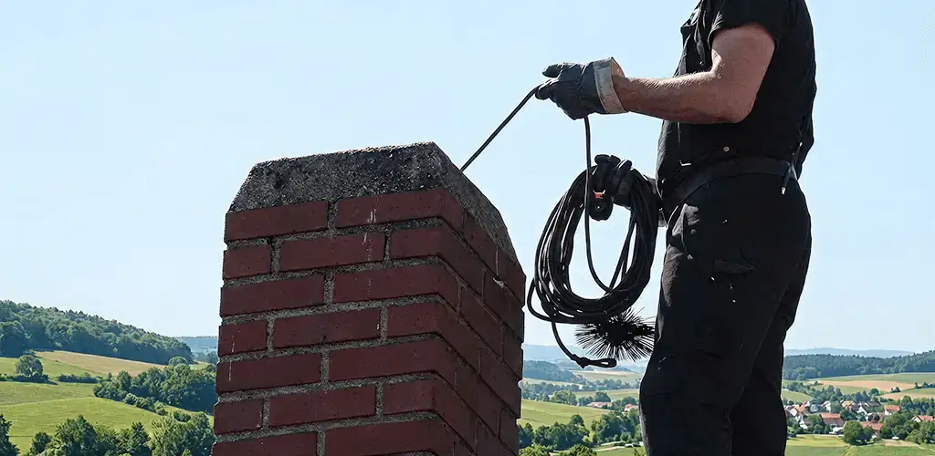 Chimney sweep inspecting and cleaning a rooftop chimney in Boulder, CO