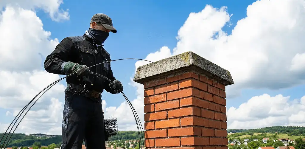 Chimney sweep cleaning a brick chimney with professional tools in Boulder, CO
