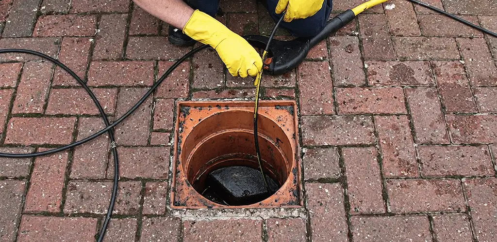 Drain cleaning technician using a drain snake to clear a clogged drain in Boulder, CO