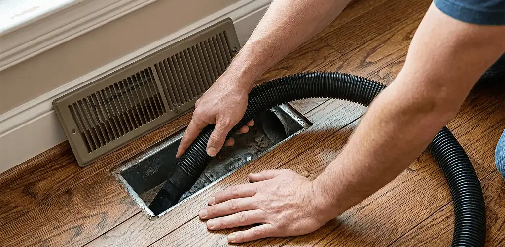 Air duct cleaning technician vacuuming a floor register and duct opening in Boulder, CO
