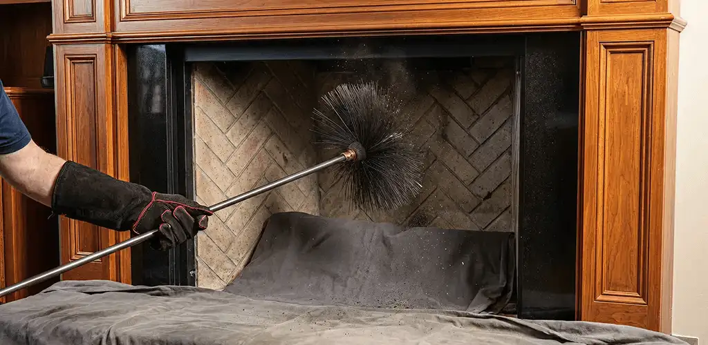 Chimney cleaning service brushing soot from a fireplace and flue in Boulder, CO