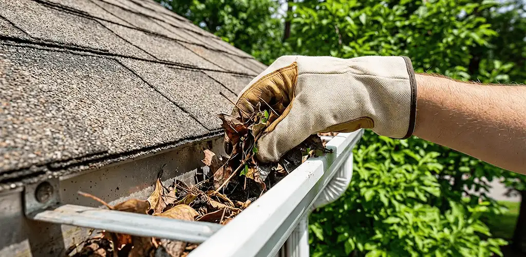 Gutter cleaning removing leaves and debris from roof gutters in Boulder, CO