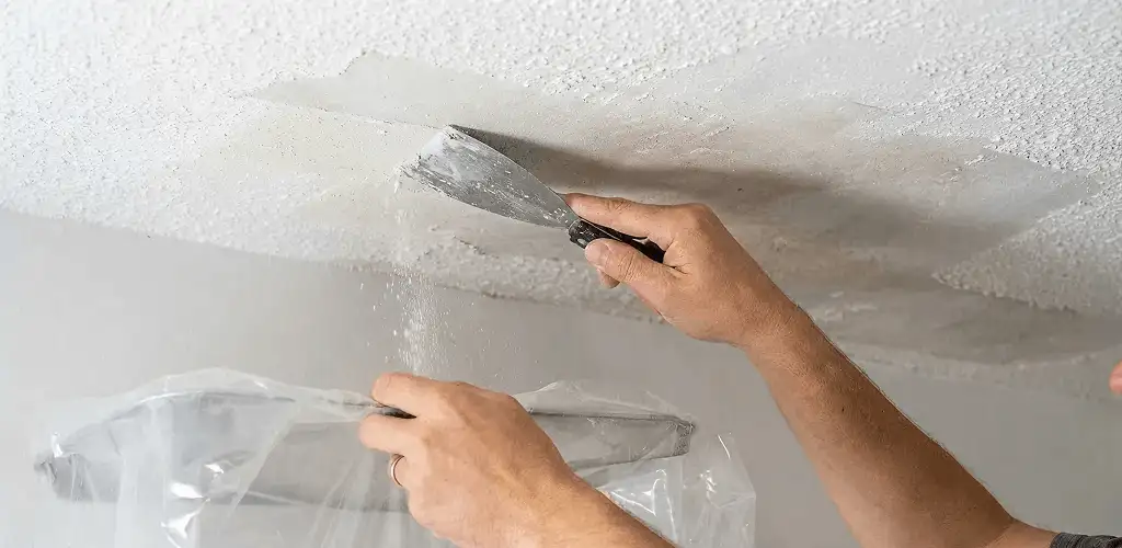 Popcorn ceiling removal technician scraping texture from a ceiling in Boulder, CO