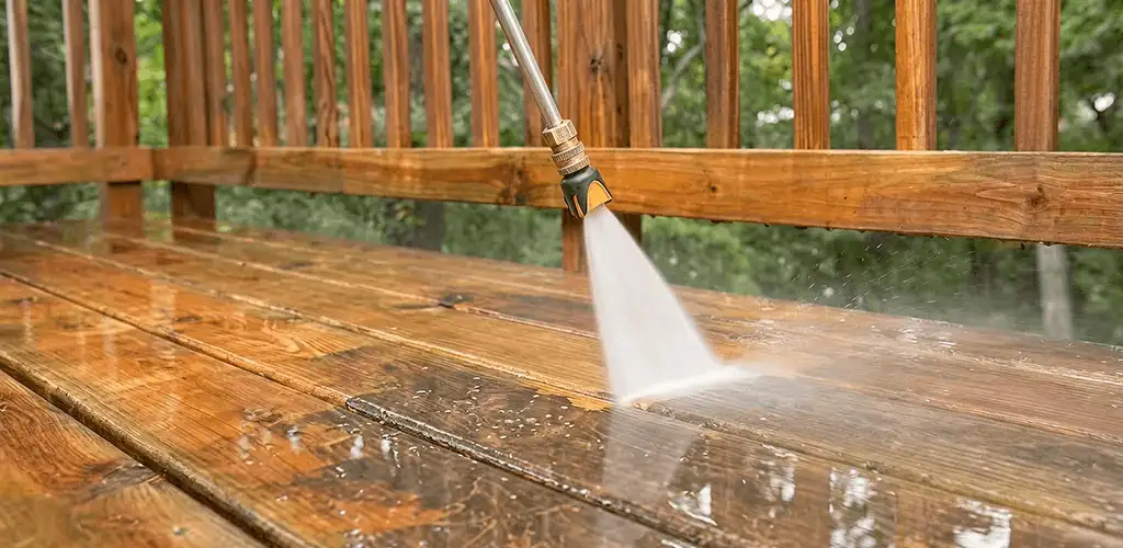 Pressure washing a wood deck to remove dirt and buildup in Boulder, CO