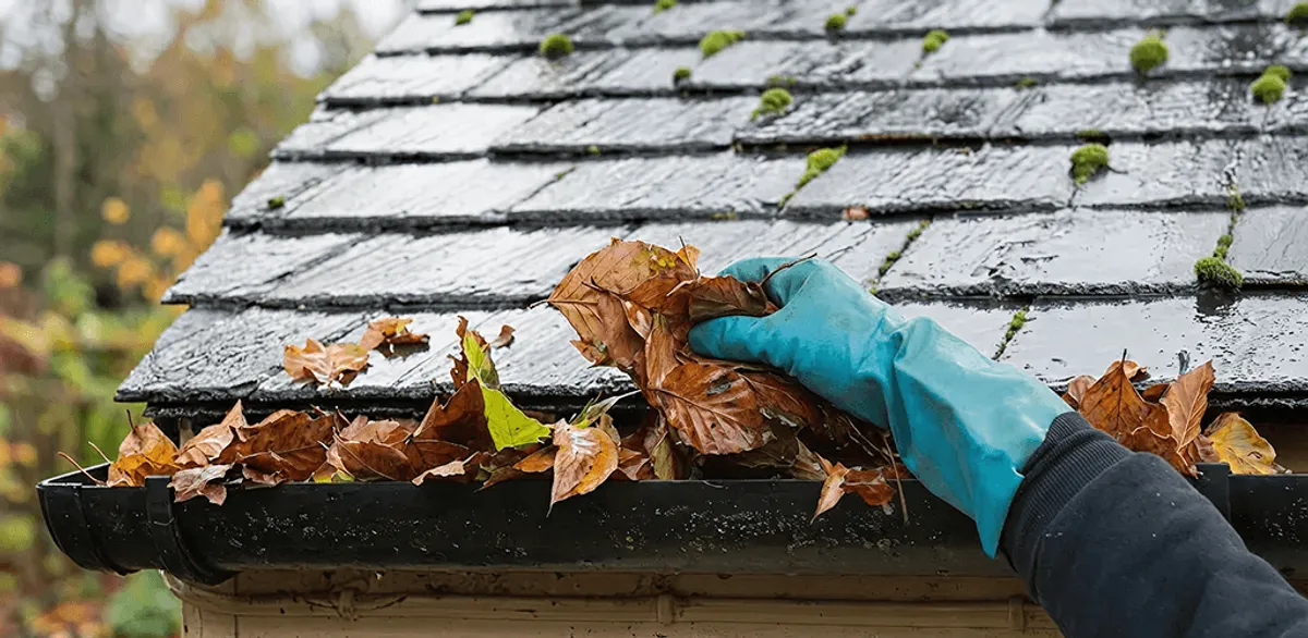 Gutter cleaning technician clearing wet leaves from roof gutters in Boulder, CO