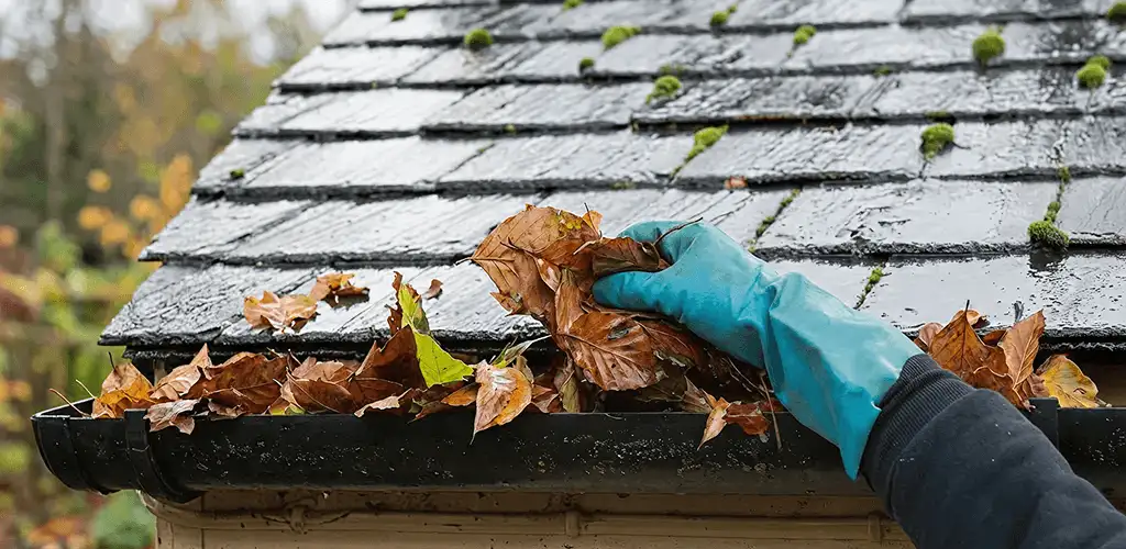 Gutter cleaning technician clearing wet leaves from roof gutters in Boulder, CO
