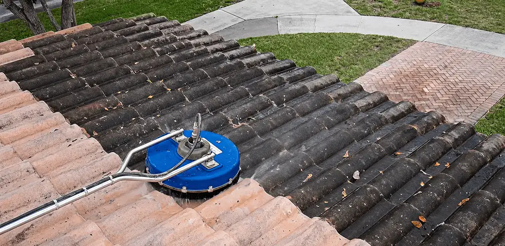 Roof pressure cleaning removing debris and buildup from roof tiles in Boulder, CO