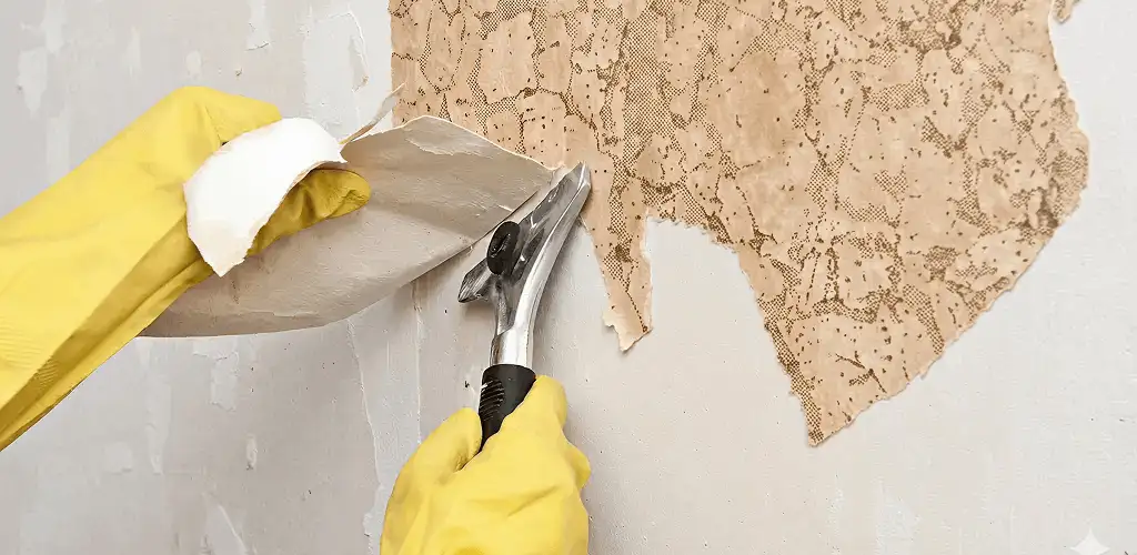 Wallpaper removal service stripping old wallpaper from a wall in Boulder, CO